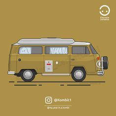 an old yellow van with a surfboard on the roof is parked in front of a brown background