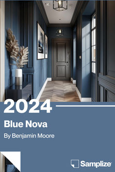 a hallway with blue walls and wood floors