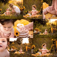 Sunflower Birthday Photoshoot, Cake Smash Outdoor, Sunflower First Birthday, Cake Smash Photos Outdoor, Sunflower First Birthday Girl, Outdoor Cake Smash