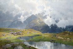 a painting of a mountain scene with a lake in the foreground and clouds in the background