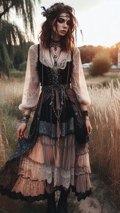 Priestess Aesthetic Outfit, Grunge Fantasy Outfit, Boho Punk Aesthetic, Solstice Outfit, Fantasy Witch Outfit Aesthetic, Modern Gypsycore Fashion, Boho Witch Costume