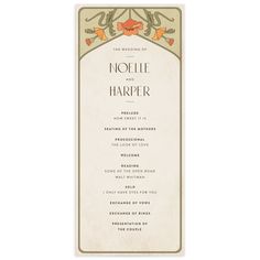 a wedding program card with an orange bird on the front and bottom, which reads noodlee harper