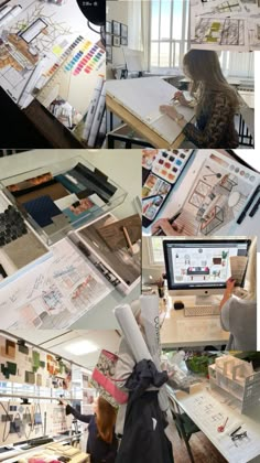 a collage of photos showing people working at desks and in front of computer screens