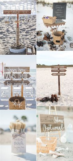 several different pictures of signs and baskets on the beach, with words written in them