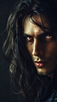 a man with long black hair and orange eyes