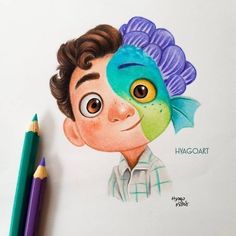 a drawing of a boy with a fish on his face