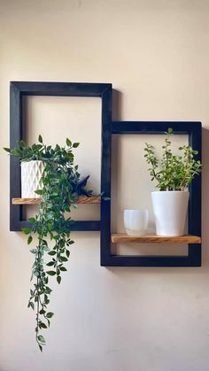 two square wooden shelves with plants on them