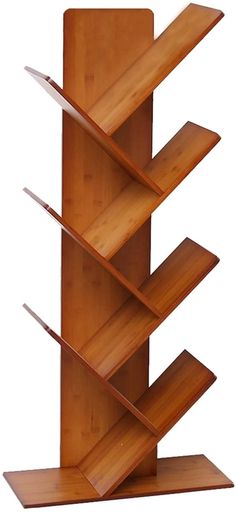 a wooden book shelf with four shelves on each side and three different sections in the middle