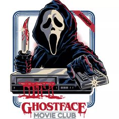 a movie poster with a person in a hooded costume holding a knife and remote control