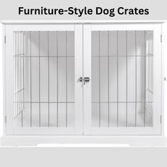 the furniture style dog crate is white and has bars on each door, which are closed