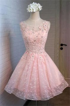 A-Line Round Neck Lace Beaded Homecoming Dress Classy Homecoming Dress, Homecoming Dresses Pink, Long Sleeve Homecoming Dresses, Short Formal Dress, Graduation Party Dresses, Tulle Homecoming Dress, Senior Prom Dresses