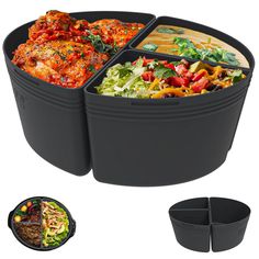 four compartment bento box with food in it and two black bowls next to each other