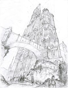 a drawing of a large building with a bridge in front of it and people walking by