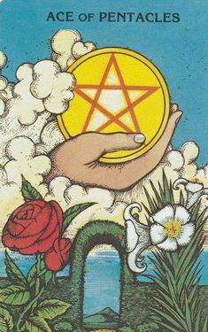 the ace of pentacles tarot card with an image of a hand holding a star