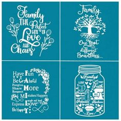 four mason jars with the words family and friends on them