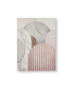 an abstract painting with pink, grey and gold circles on the wall in front of it