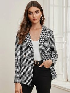 Houndstooth Print Outfit, Hounds Tooth Blazer Outfit, Houndstooth Blazer Outfit Work, Dogtooth Blazer Outfit, Blazer Cuadros Outfit, Houndstooth Blazer Outfit, Houndstooth Outfit