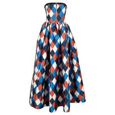 Lanvin - Long dress with harlequin patterns in red, white, light blue, and navy blue tones. Size 36FR. Additiional information: Condition: Very good condition Dimensions: Chest: 44 cm - Waist: 34 cm - Length: 137 cm Seller reference: VR245 Harlequin Fashion, Paris Evening, Harlequin Pattern, Slim Aarons, Blue Tones, Lanvin, Tiffany & Co., Dress Patterns, White Light