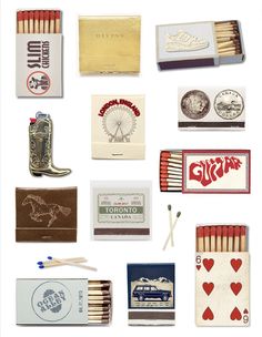 an assortment of matchboxes and matches on a white background