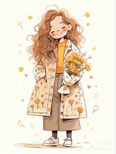 a drawing of a girl holding flowers in her hand and wearing a coat with polka dots