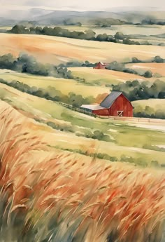 Red Barn on The Prairie Watercolor Painting Art Print Farmhouse Watercolor, Watercolor Cottages, Country Watercolor, Watercolor Landscape Art, Home Watercolor, Watercolor Farmhouse, Farm Watercolor Paintings, House Watercolor, Farm Painting