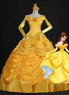 an image of a woman in a yellow dress next to a mannequin wearing a princess costume