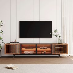 a flat screen tv mounted to the side of a wooden entertainment center next to a potted plant