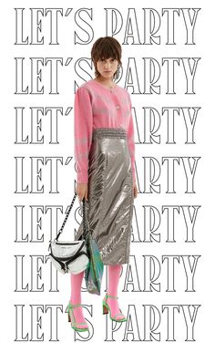 a woman standing in front of a white background with letters all around her and the words let's party, let's party