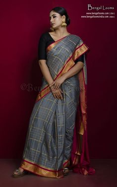 Soft Mysore Crepe Pure Silk Woven Checks In Checks Saree in Slate Grey, Maroon and Gold Festival Silver Tussar Silk Saree, Luxury Silver Tussar Silk Saree, Silver Self-design Tussar Silk Saree, Ksic Mysore Silk Saree With Price, Maroon Maheshwari Saree