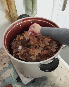 a person is stirring leaves in a pot