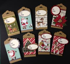 christmas gift tags with santa claus and reindeers on them, all decorated in different colors