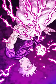 an anime character is flying through the air with purple light coming from his arms and legs