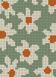 a cross stitch pattern with an orange and white flower on green, brown and gray squares