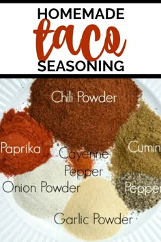 the ingredients for homemade taco seasoning on a white plate with text overlay