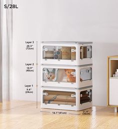 three tiered storage unit with labels and measurements