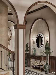 an arched doorway leads to a foyer with a checkered floor