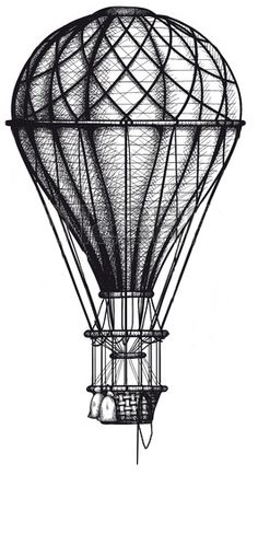 a black and white drawing of a hot air balloon in the shape of a cage