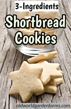 three ingredient shortbread cookies in a glass bowl on a wooden table with text overlay