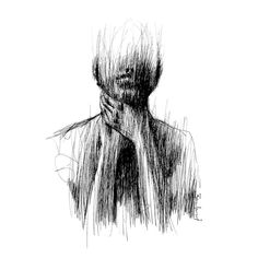 a black and white drawing of a person covering their face with his hands while standing in front of the camera