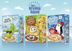 three boxes of cereal with cartoon characters on them