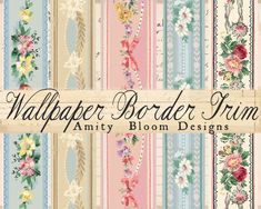 the wallpaper border trims are in different colors and sizes, with flowers on them