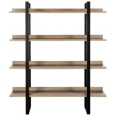 an empty book shelf with several shelves on each side and two black metal poles at the bottom