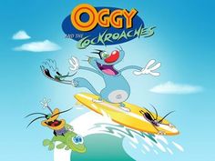 an image of cartoon characters riding on surfboards in the ocean with words oggy and the cockroaches