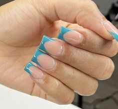 Short Teal French Tip Acrylic Nails, Ombre Nail Inspiration, Short French Tip Acrylic Nails Blue, Teal French Tip Nails Turquoise, Short Nail Set Ideas, Teal Nails, Long Acrylic Nail Designs, Colored Acrylic Nails, Girly Acrylic Nails