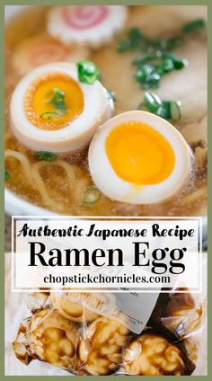 an image of ramen egg with chopsticks in it and the words authentic japanese recipe written below