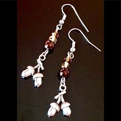 New Fall Themed Earrings Feature Dangling Charms Of 2 Acorns On A Branch; Accented By Shiny Brown Glass, Citrine Gold And Topaz Brown Crystal Beads. Length From Tops Of Silver Tone Hooks Is 2.2”. Acorn Charms Measure Approx 14 X 11mm. Fall Themed Jewelry, Statement Earrings Wedding, Crystal Pearl Earrings, Winter Earrings, Ghost Earrings, Hippie Earrings, Clover Earrings, Crystal Dangle Earrings, Heart Dangle Earrings