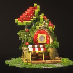 a small house made out of legos on top of green grass and trees in front of a black background