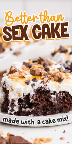 Better Than Sex Cake is a chocolate poke cake with creamy caramel sauce, topped with Cool Whip, toffee, chocolate chips, and caramel sauce! Simple Chocolate Cake, Heath Bars, Poke Cake Recipes, Chocolate Dessert Recipes, Chocolate Cake Mixes, Cake Mix Recipes, Cool Whip, Wooden Spoon, Sweetened Condensed Milk