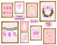 pink christmas wall art with gold frames and ornaments on the top, below them is a set of 9