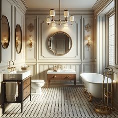 The walls may be adorned with a neutral color palette, and the fixtures such as bathtub, sink, and toilet had to be white porcelain. For an elegant touch, a large framed mirror should be positioned over a polished hardwood vanity adorned with brass fixtures. The floor should be outfitted with hexagonal mosaic tiles in patterns that echo colonial traditions. Soft, tasteful lighting should be positioned to create a relaxing ambiance. Modern Victorian Interior Design Bathroom, Parisian Bathroom French Style, Old Money Bathroom, Chateau Bathroom, French Bathroom Design, Victorian Bathroom Vintage, Modern Victorian Bathroom, Vintage Bathroom Inspiration, Modern Victorian Interior Design